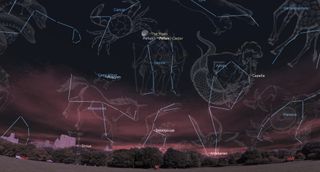 a smattering of constellations are traced through their stars in the sky above a low horizon. The moon is near Pollux.