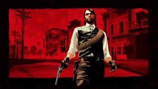 Artwork for Red Dead Redemption consisting of John Marston on with a red-coloured town in the background