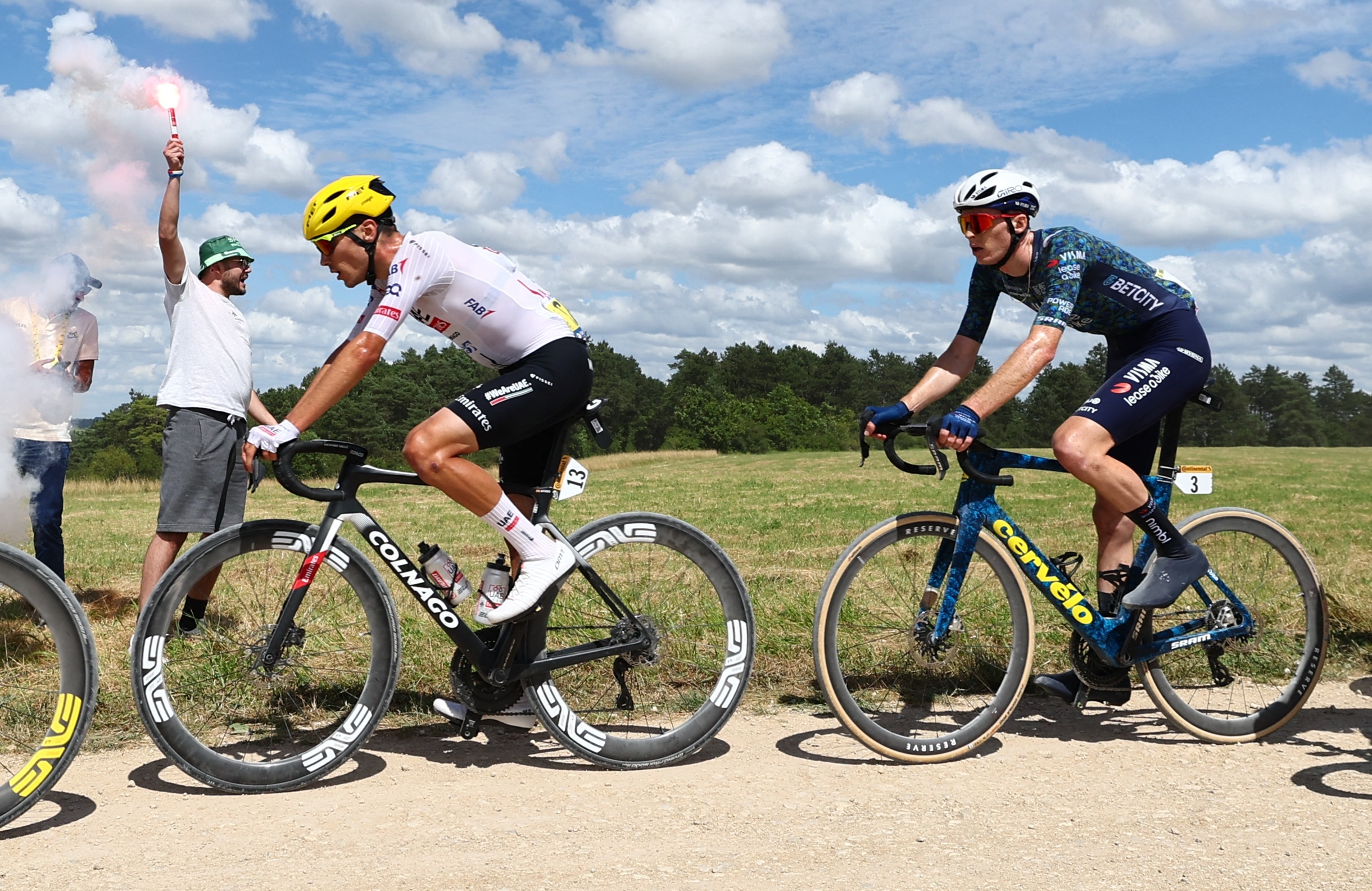 Slovenian Tadej Pogacar of UAE Team Emirates, Spanish Juan Ayuso of UAE Team Emirates and US Matteo Jorgenson of Team Visma-Lease a Bike pictured in action during stage 9 of the 2024 Tour de France cycling race, from Troyes to Troyes, France (199 km) on Sunday 07 July 2024. The 111th edition of the Tour de France starts on Saturday 29 June and will finish in Nice, France on 21 July. BELGA PHOTO DAVID PINTENS (Photo by DAVID PINTENS / BELGA MAG / Belga via AFP) (Photo by DAVID PINTENS/BELGA MAG/AFP via Getty Images)