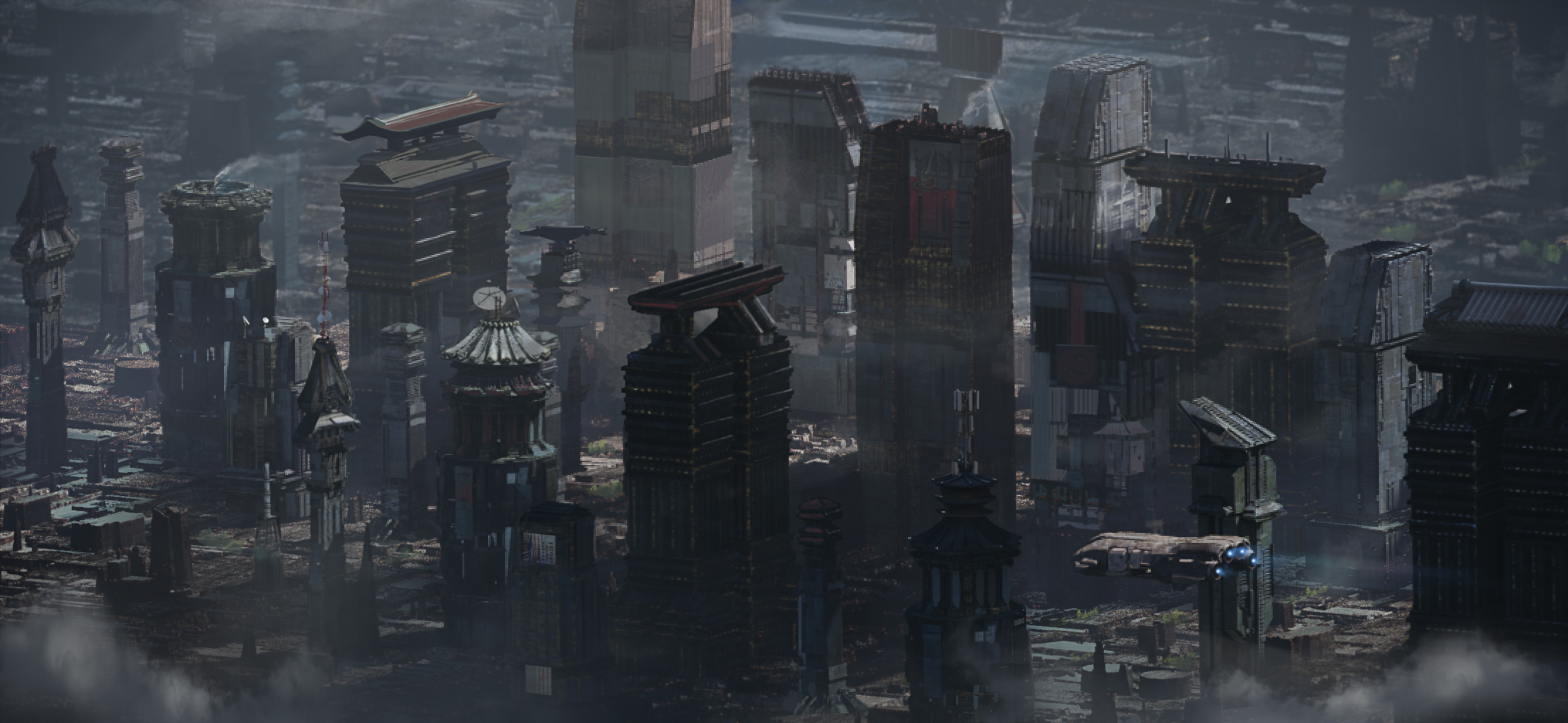 MechWarrior 5: Clans concept art showing a futuristic city