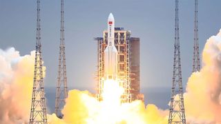 A Chinese rocket lifting off from the Wenchang Spacecraft Launch Site in Hainan province, China