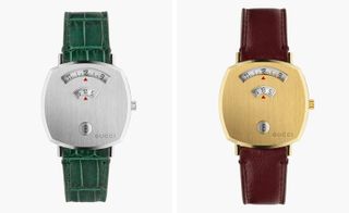 Gucci Grip watch in silver with green croc strap, and Gucci Grip watch in gold with brown leather strap