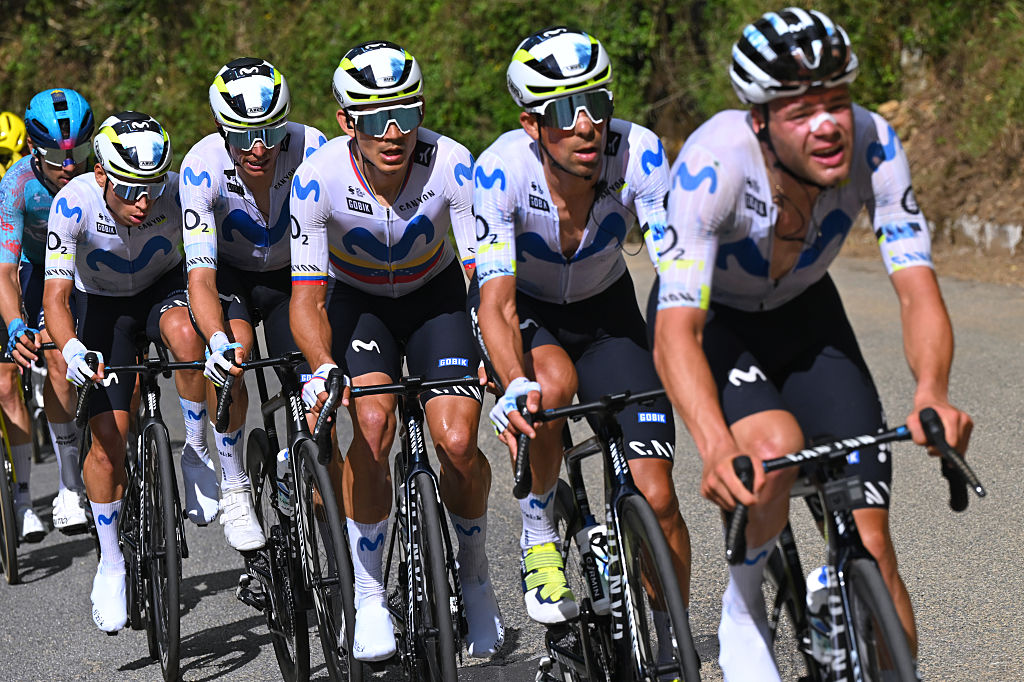 COSENZA, ITALY - MAY 12: (L-R) Einer Rubio of Colombia, Enric Mas of Spain, Orluis Aular of Venezuela and Nelson Oliveira of Portugal and Team Movistar compete during the 109th Giro d&amp;amp;apos;Italia 2026, Stage 4 a 138km stage from Catanzaro to Cosenza / #UCIWT / on May 12, 2026 in Cosenza, Italy. (Photo by Tim de Waele/Getty Images)