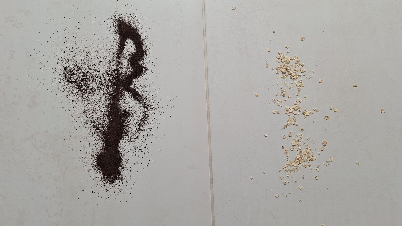 Loose tea and oats on tiled floor, ready for vacuuming test
