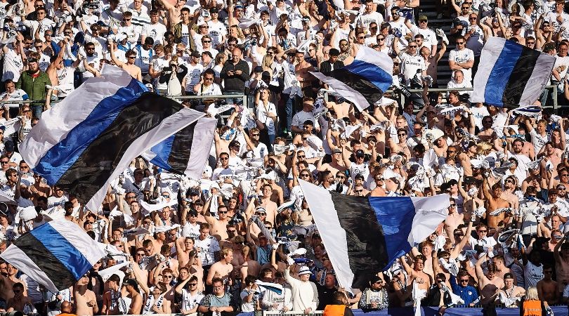 FC Copenhagen fans celebrating from the stands during the Danish Cup Final Pokalen match against AaB Aalborg in May 2023.