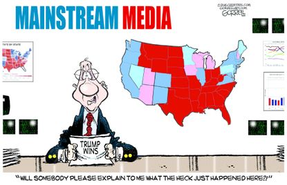 Political cartoon U.S. 2016 election Donald Trump win media confused