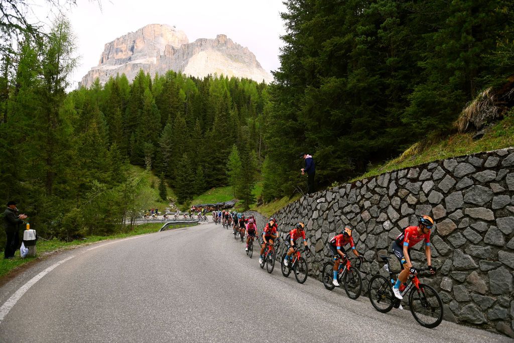 PASSO FEDAIA ITALY MAY 28 LR Mikel Landa Meana of Spain Pello Bilbao Lpez De Armentia of Spain Santiago Buitrago Sanchez of Colombia and Wouter Poels of Netherlands and Team Bahrain Victorious lead the peloton during the 105th Giro dItalia 2022 Stage 20 a 168km stage from Belluno to Marmolada Passo Fedaia 2052m Giro WorldTour on May 28 2022 in Passo Fedaia Italy Photo by Tim de WaeleGetty Images