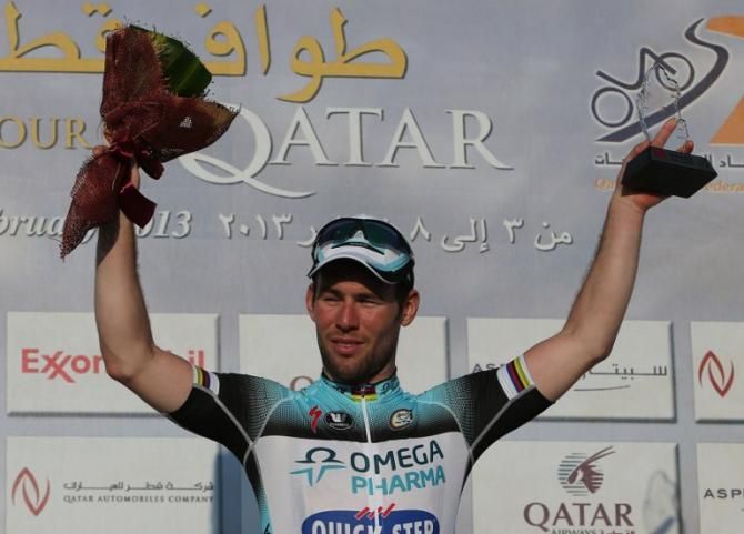 Stage 4 winner Mark Cavendish on the podium in Qatar.