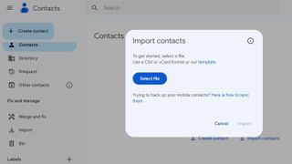 The Google Contacts web page, showing the option to import a CSV or vCard file to add iPhone contacts to Android.