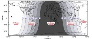 A visibility map of the total lunar eclipse rising on Oct. 8, 2014.