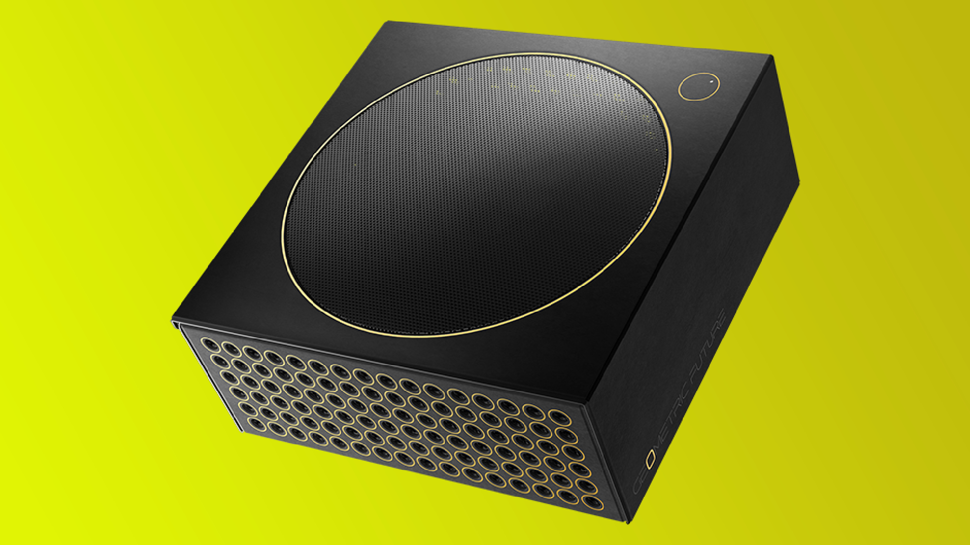 The Geometric Future mini-ITX Model 0 Flamingo PC case on a yellow gradient background.