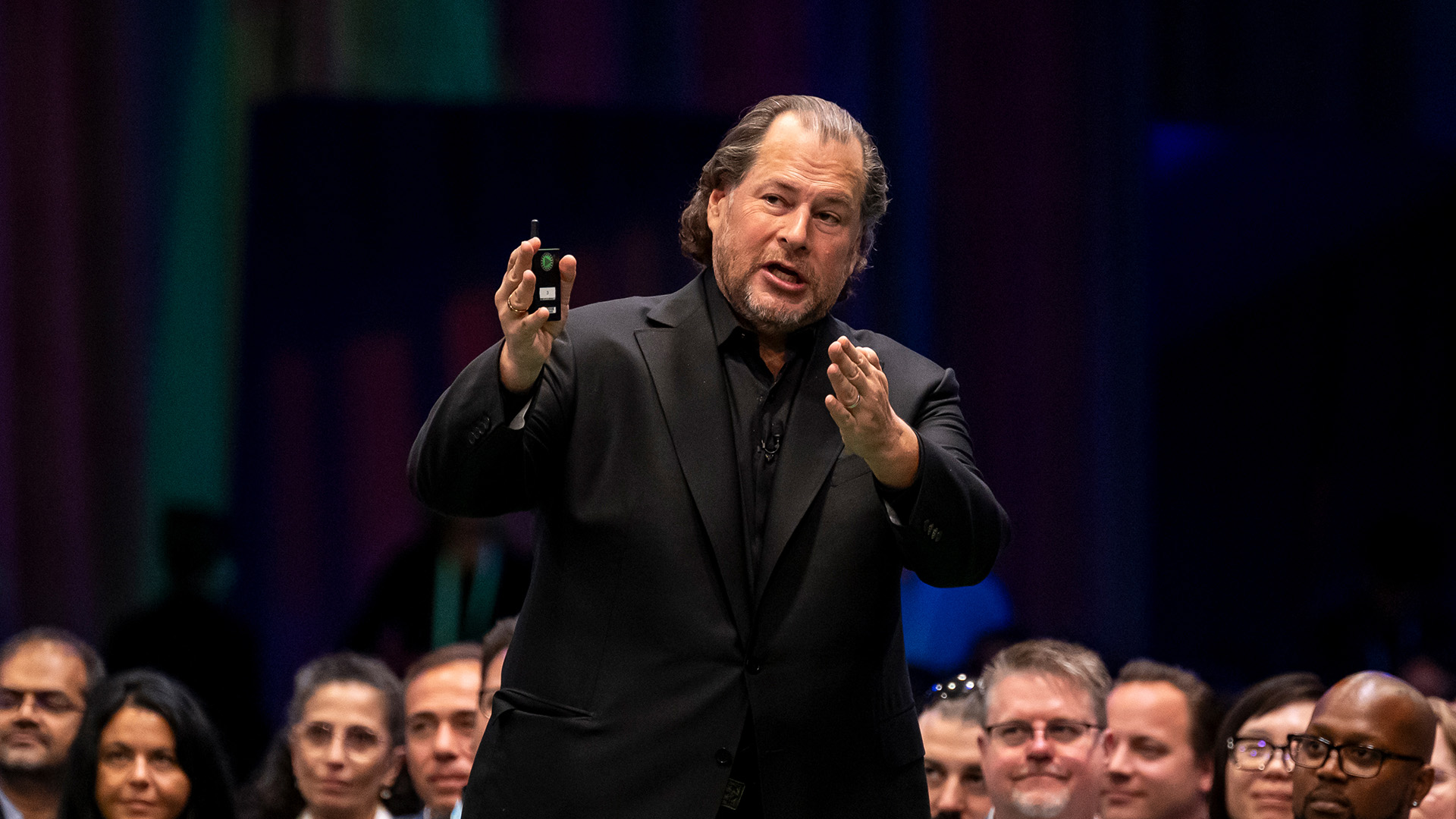 Marc Benioff, chief executive officer of Salesforce Inc., speaks during a keynote at the 2024 Dreamforce conference in San Francisco, California, US, on Tuesday, Sept. 17, 2024.