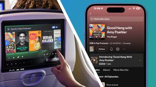An in-flight seatback screen with Spotify content next to a screen shot of a podcast page 