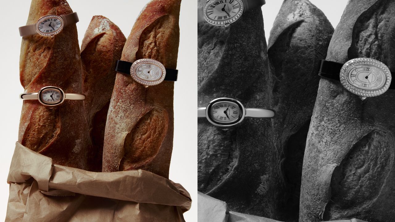 Cartier Baignoire watches on baguettes inside of a brown paper bag.