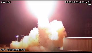 A Black Brant IX sounding rocket carrying the DXL payload launches from NASA's Wallops Flight Facility in Virginia at midnight EST (0500 GTM) on Jan. 9. The rocket leapt off the pad quickly, soon disappearing from sight.
