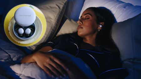 A woman lies on her back asleep in a dimly lit room wearing a pair of NextSense Smartbuds. In the top left corner, an indent image shows a close up of the Nextsense Smarbuds in their case