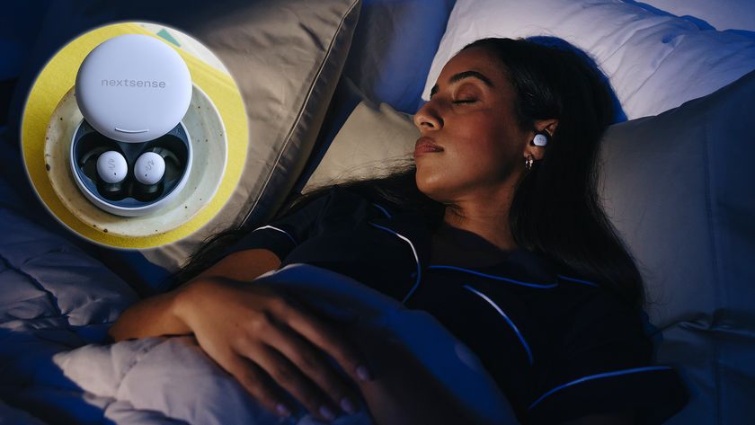 A woman lies on her back asleep in a dimly lit room wearing a pair of NextSense Smartbuds. In the top left corner, an indent image shows a close up of the Nextsense Smarbuds in their case