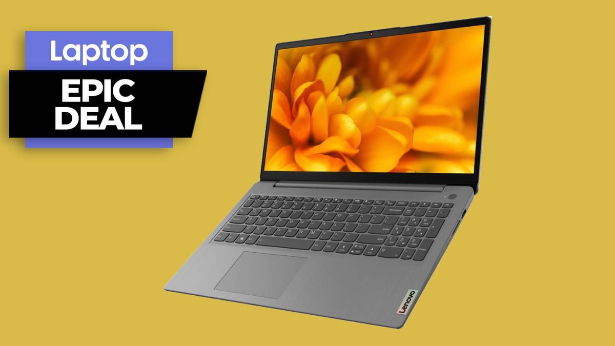 Lenovo IdeaPad 3i laptop in gray coloarway with orange flowers on screen against orange background with epic deal text