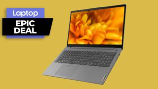 Lenovo IdeaPad 3i laptop in gray coloarway with orange flowers on screen against orange background with epic deal text