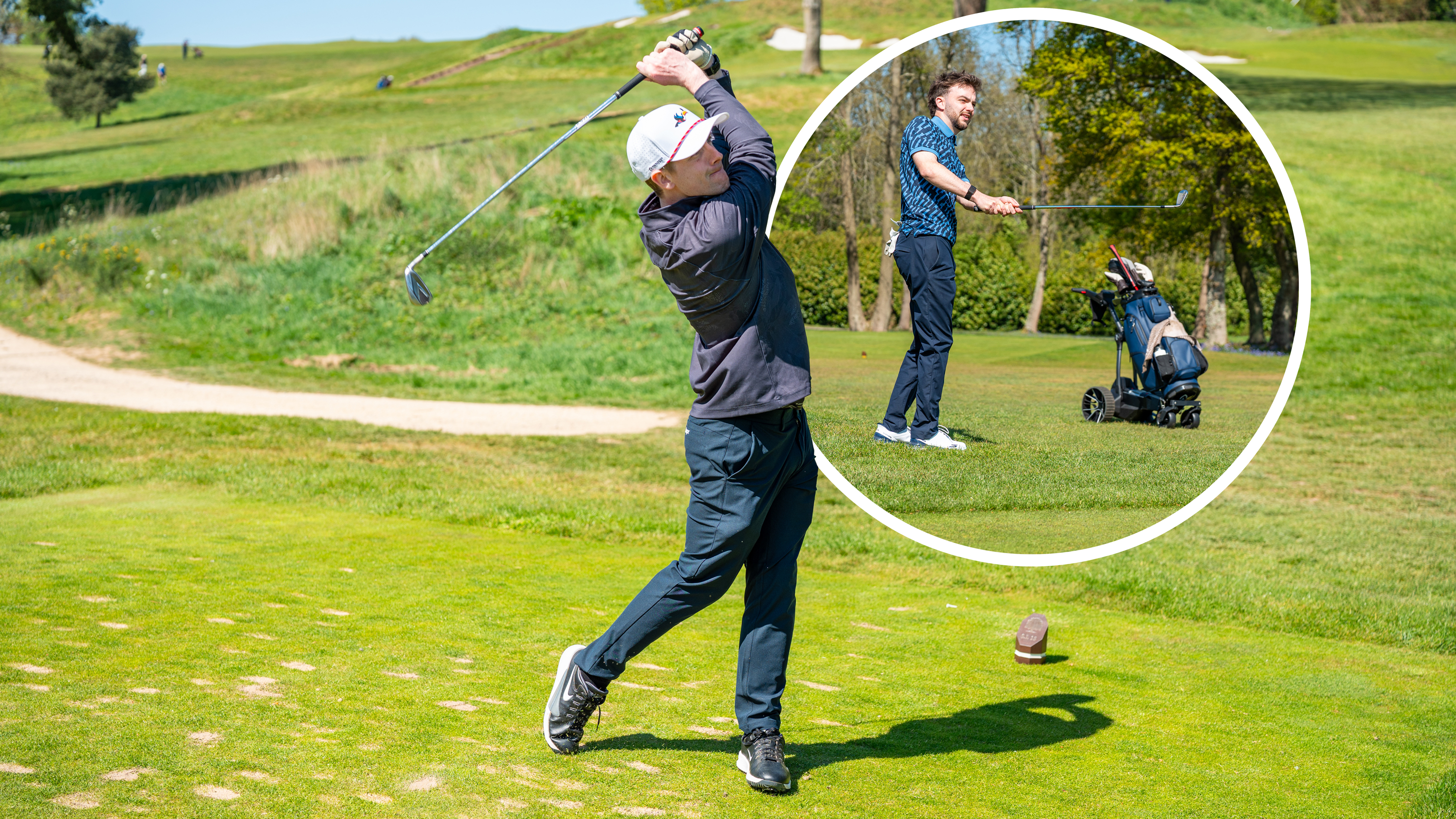 Jonny Leighfield hitting a tee shot on the front-nine at Tandridge Golf Club after preparing with three ways to avoid a slow start, while Dan Parker hits a wedge shot in an inset image