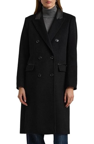 Faux Leather Trim Double Breasted Wool Blend Reefer Coat