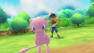 Pokémon Lets Go Pikachu - Ash, Mew, and Pikachu stand in a field