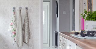 pale grey kitchen wall with hooks hanging tea towels to support Lynsey Crombie's kitchen organisation must-haves