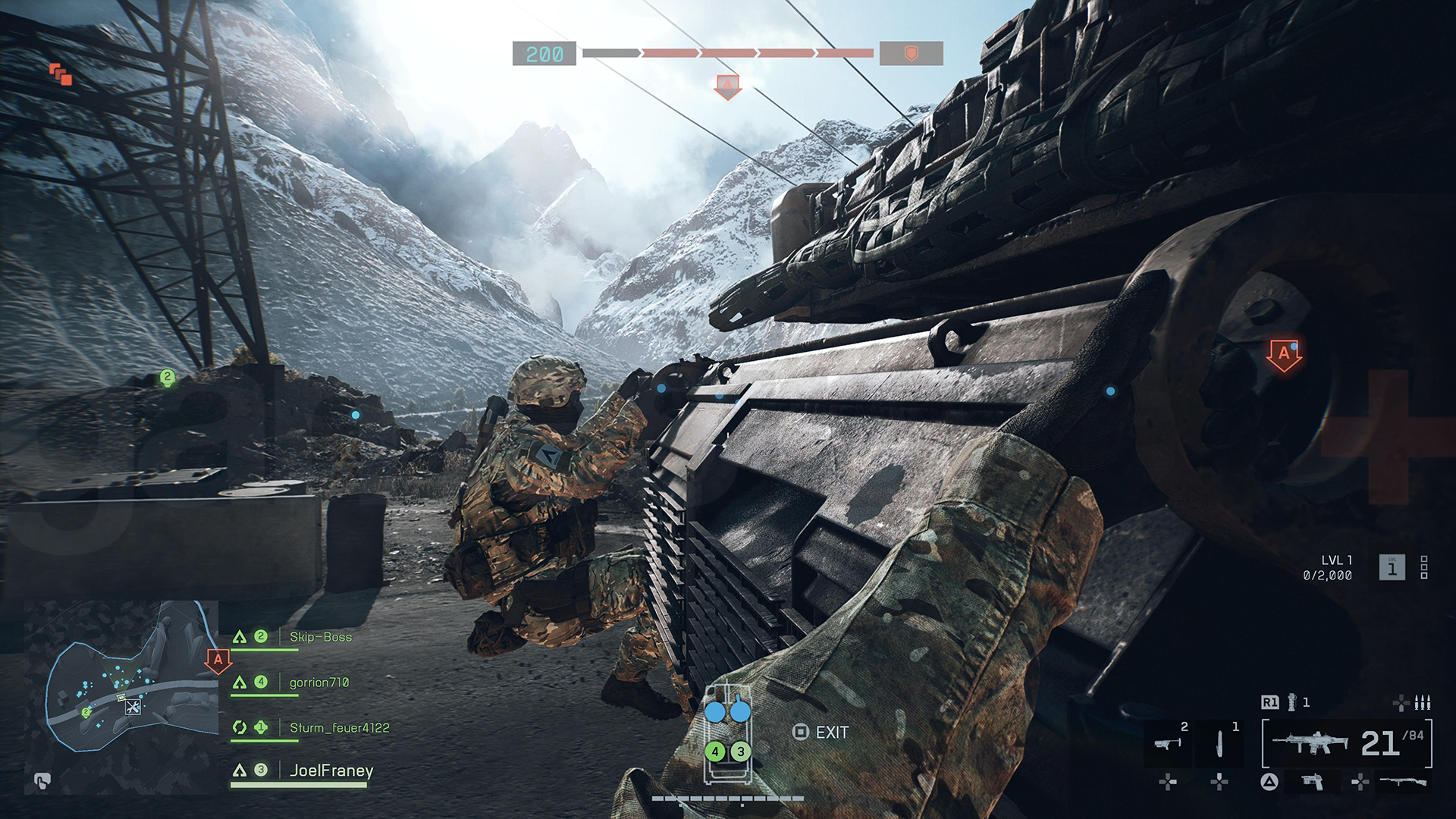 Two characters cling to the back of a tank in Battlefield 6