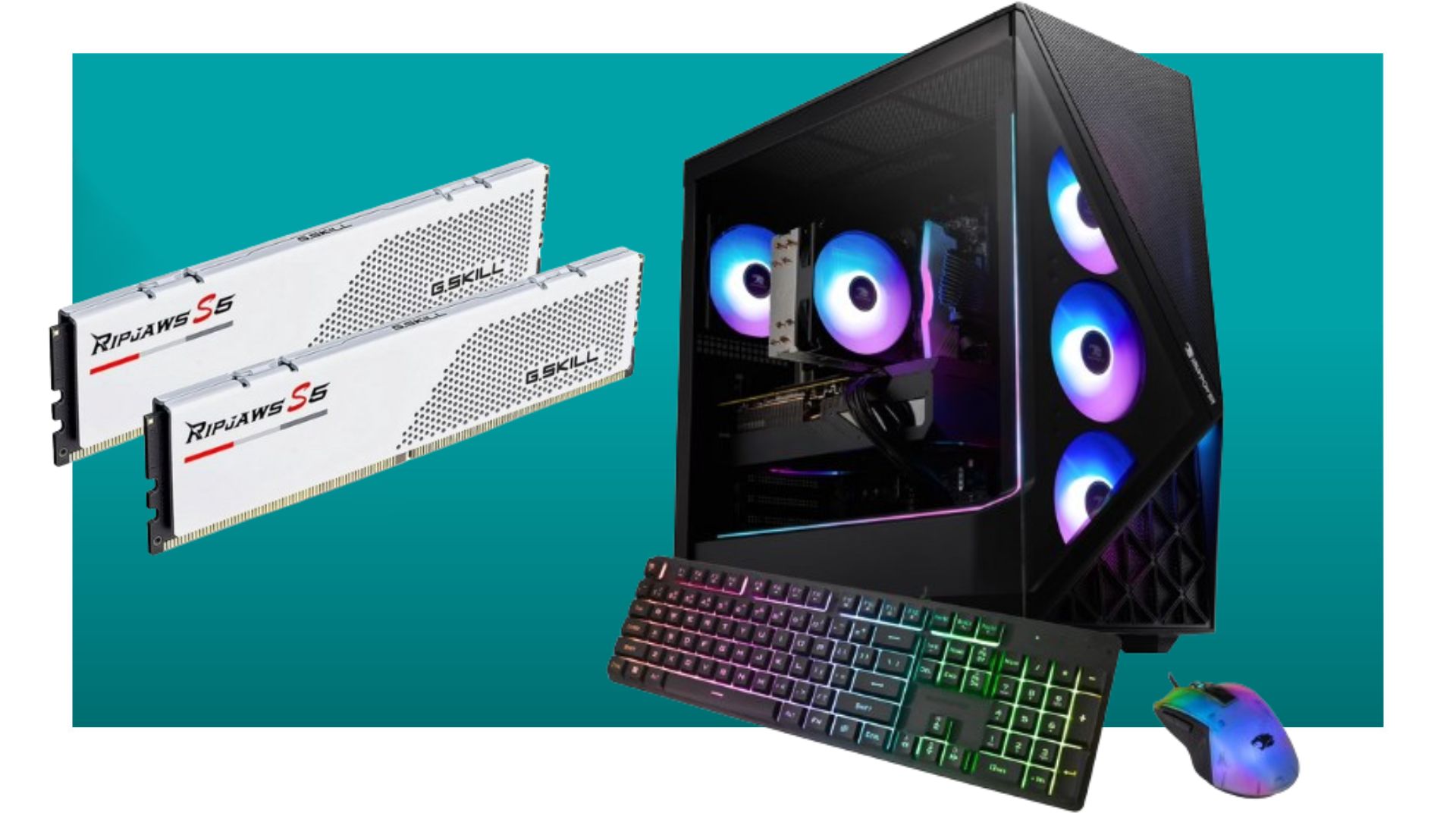 A set of G.Skill memory, alongside an iBuyPower gaming PC on a blue background