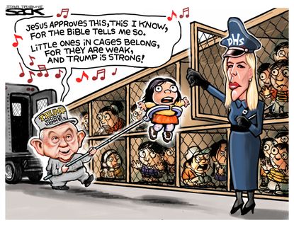 Political cartoon U.S. Trump Jeff Sessions Kirstjen Nielsen family separation homeland security immigration migrant children bible