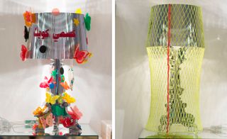 Lamp with three-dimensional butterflies and fluorescent yellow fishnet