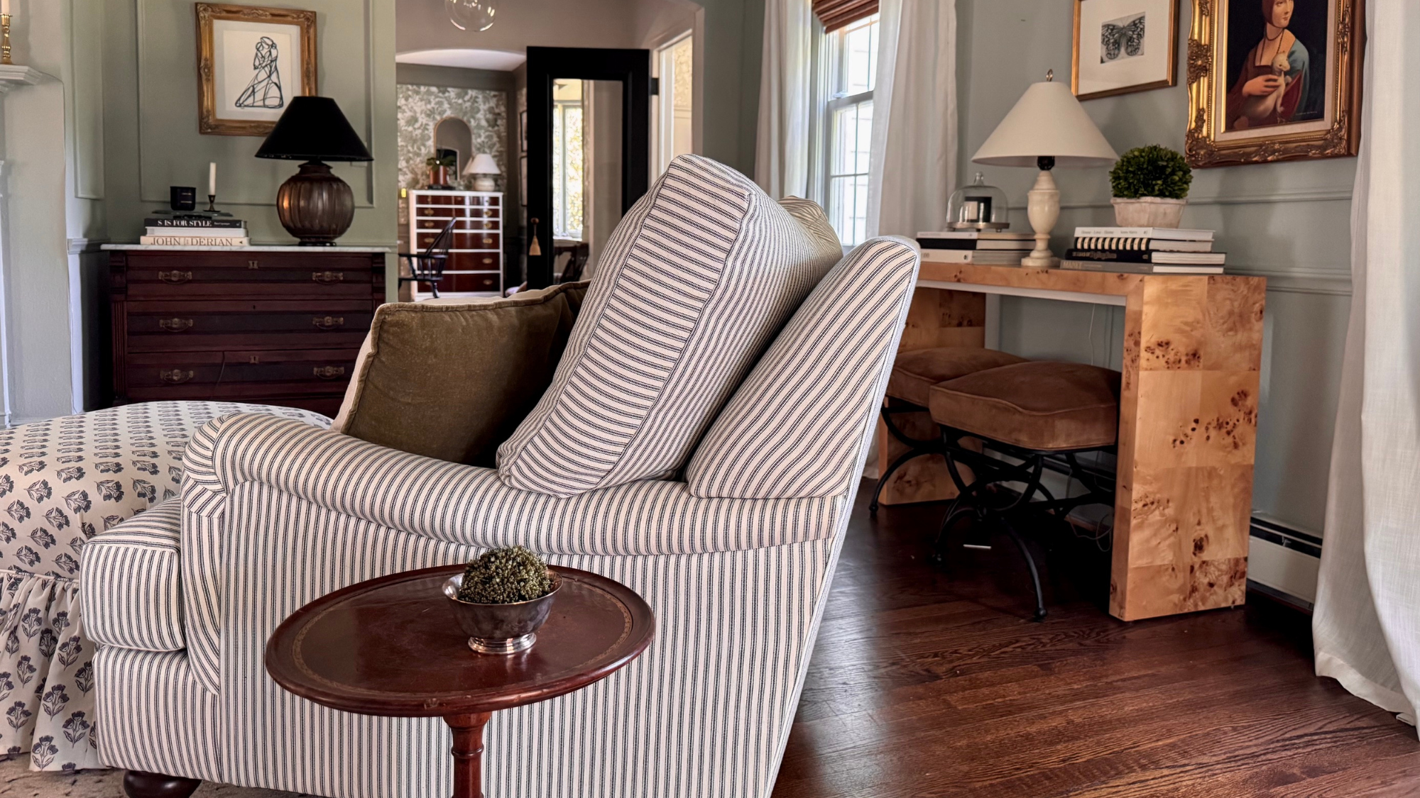 living room with striped chair