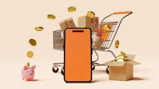 A graphic of a smartphone stood in front of a shopping trolley and a piggybank filled with gold coins