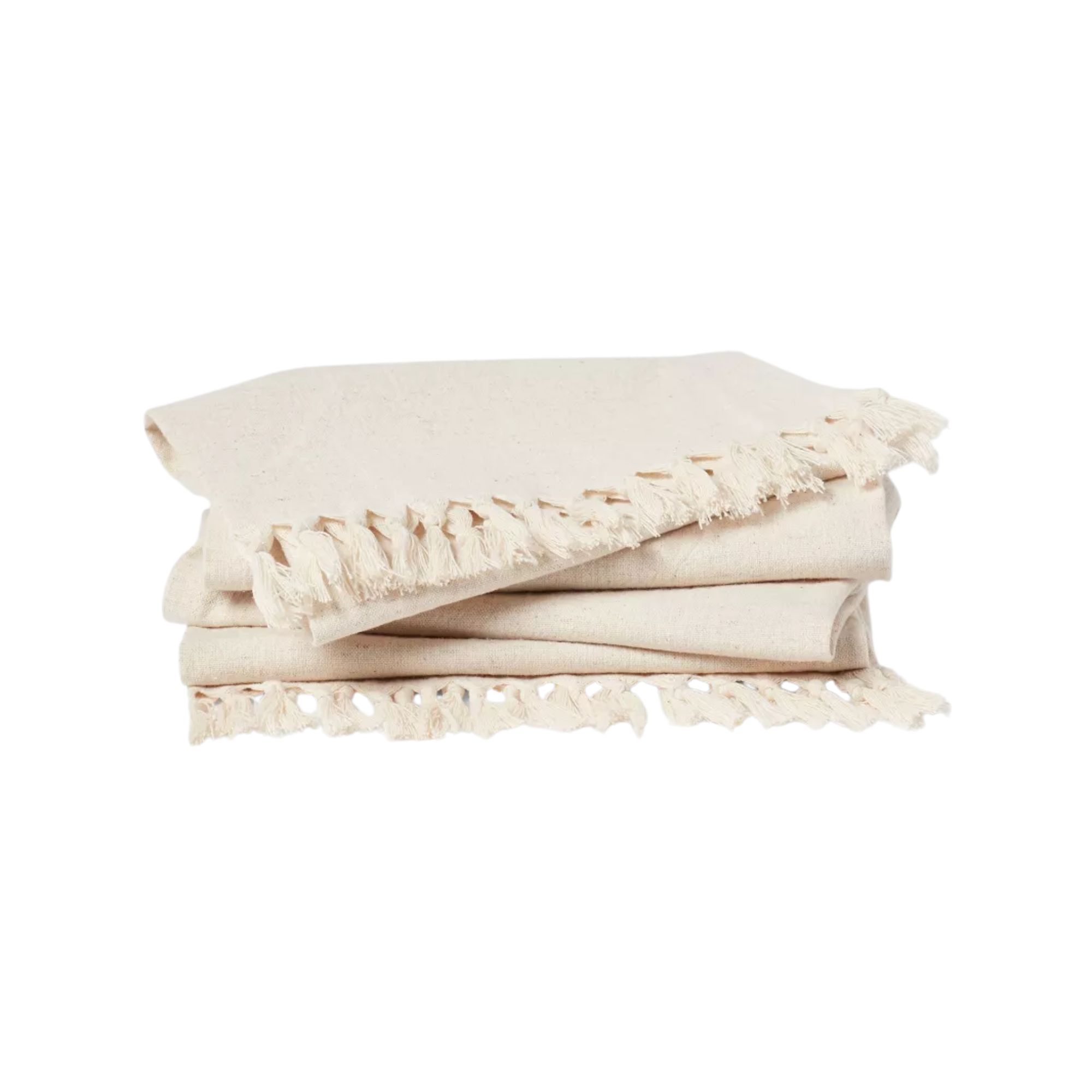 A stack of beige napkins with tassel trims