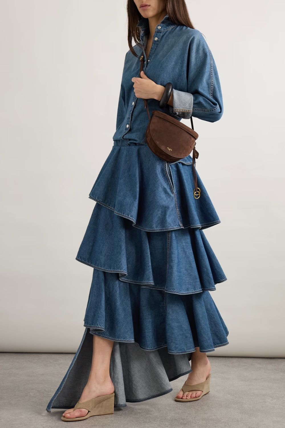 Alaia Asymmetric ruffled tiered denim skirt