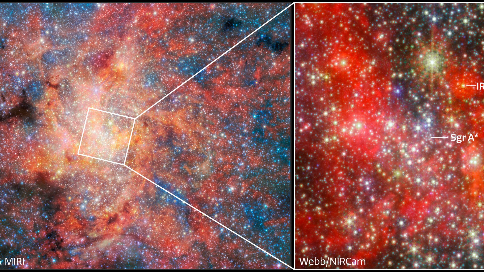 Two deep space images side by side, with the right showing a zoom in of red and blue gas around stars.