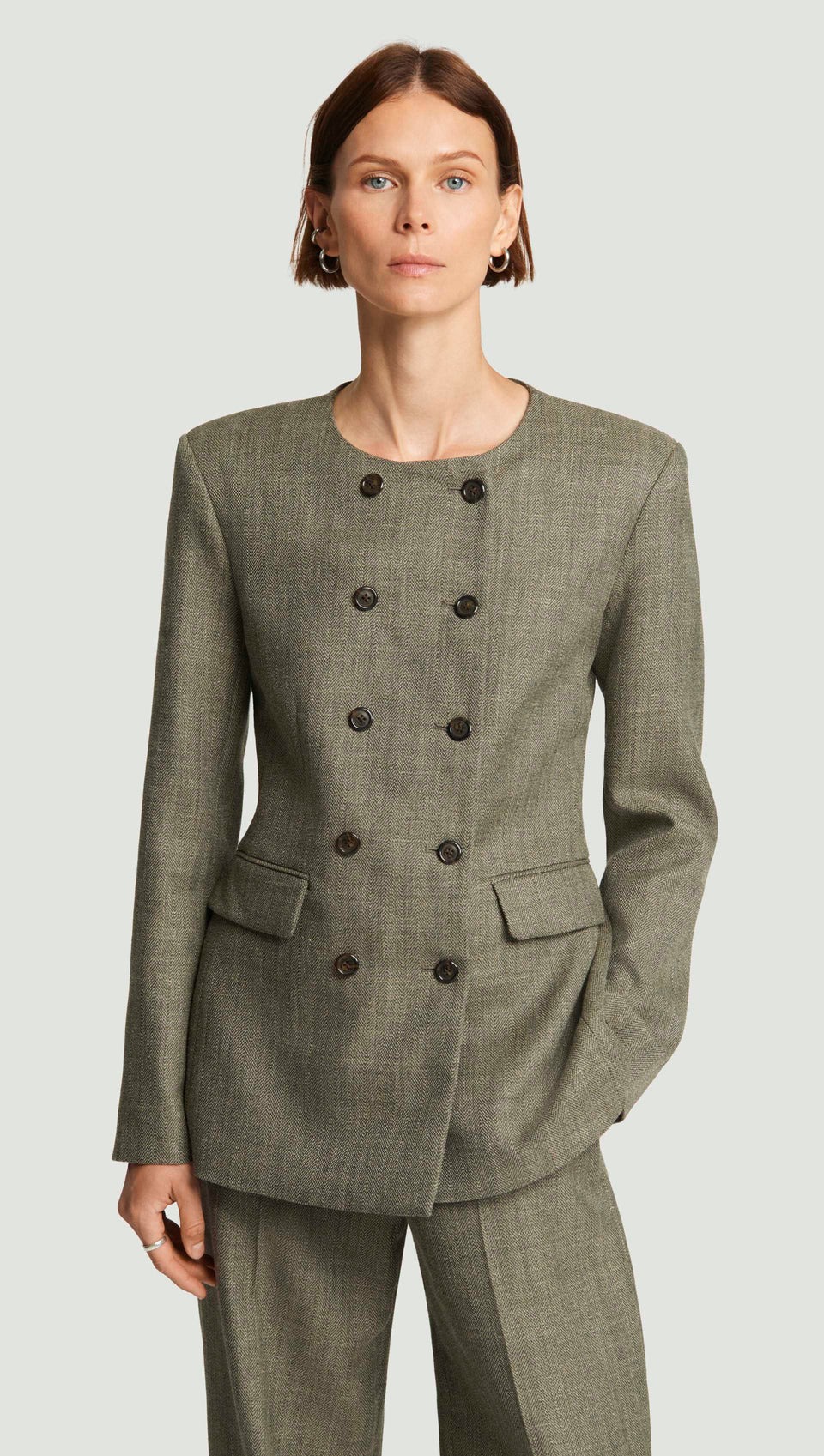 Argent, Double-Breasted Crewneck Blazer in Herringbone | Ash