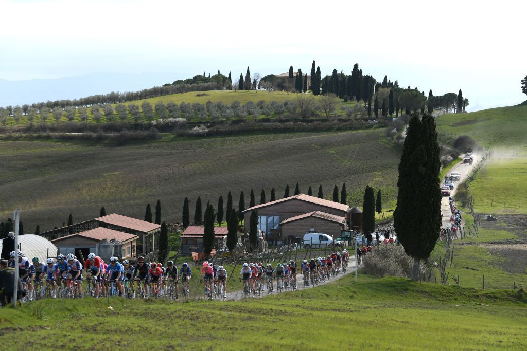 SIENA ITALY MARCH 06 The Peloton passing through Tuscany landscape during the Eroica 15th Strade Bianche 2021 Mens Elite a 184km race from Siena to Siena Piazza del Campo Gravel Strokes StradeBianche on March 06 2021 in Siena Italy Photo by Tim de WaeleGetty Images