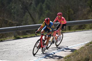 QUERALT SPAIN MARCH 23 LR Bauke Mollema of The Netherlands and Team LidiTrek and Hugh Carthy of Great Britain and Team EF EducationEasyPost compete in the breakaway during the 103rd Volta Ciclista a Catalunya 2024 Stage 6 a 1547km stage from Berga to Queralt 1119m UCIWT on March 23 2024 in Queralt Spain Photo by David RamosGetty Images