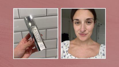 Two images showing a handheld view of the Il Makiage Primer (left) and beauty editor Jess wearing the product (right) both in white frames and set against a dark pink watercolour-style background