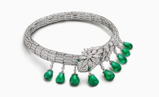 Bulgari white diamond sneak head necklace with emeralds