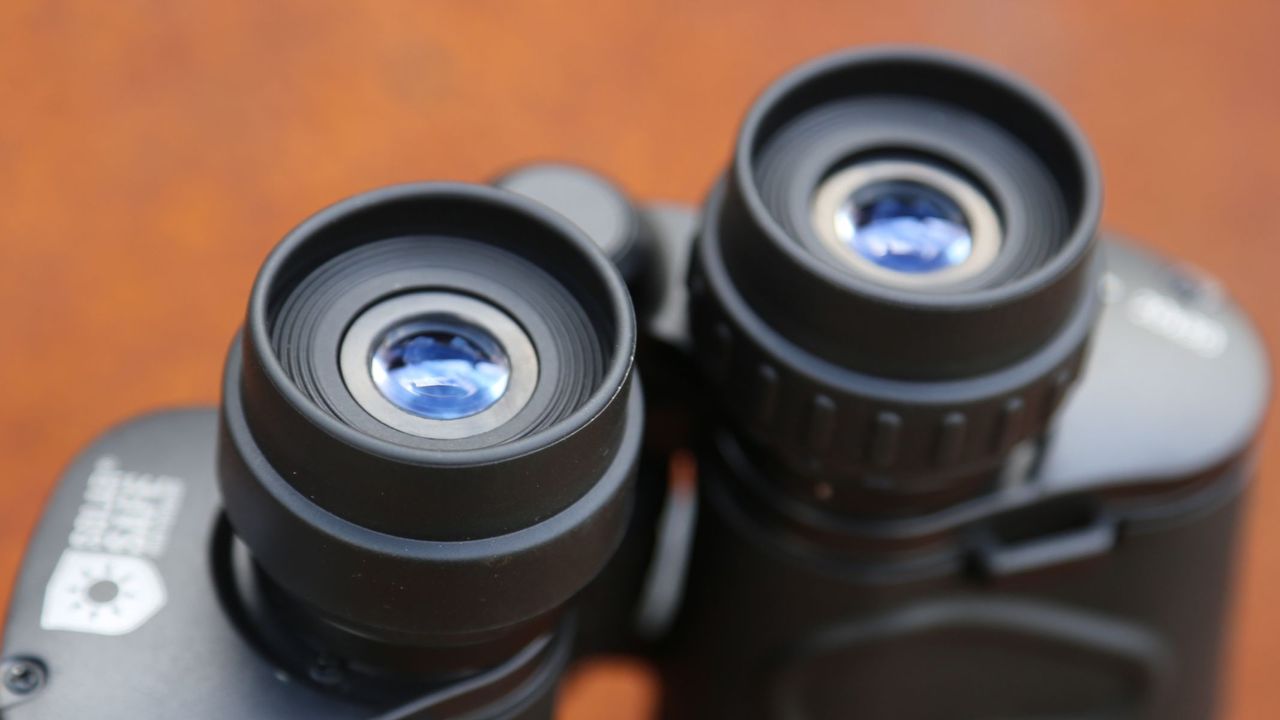 A close-up view of the Celestron EclipSmart 20x50 binoculars eyecups.