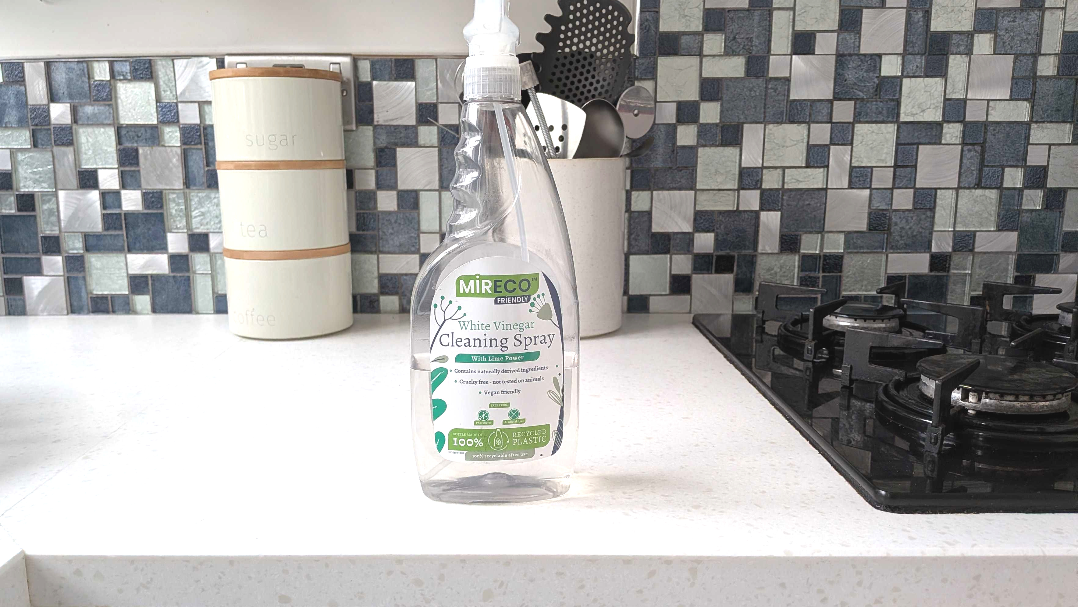 White vinegar bottle on countertop