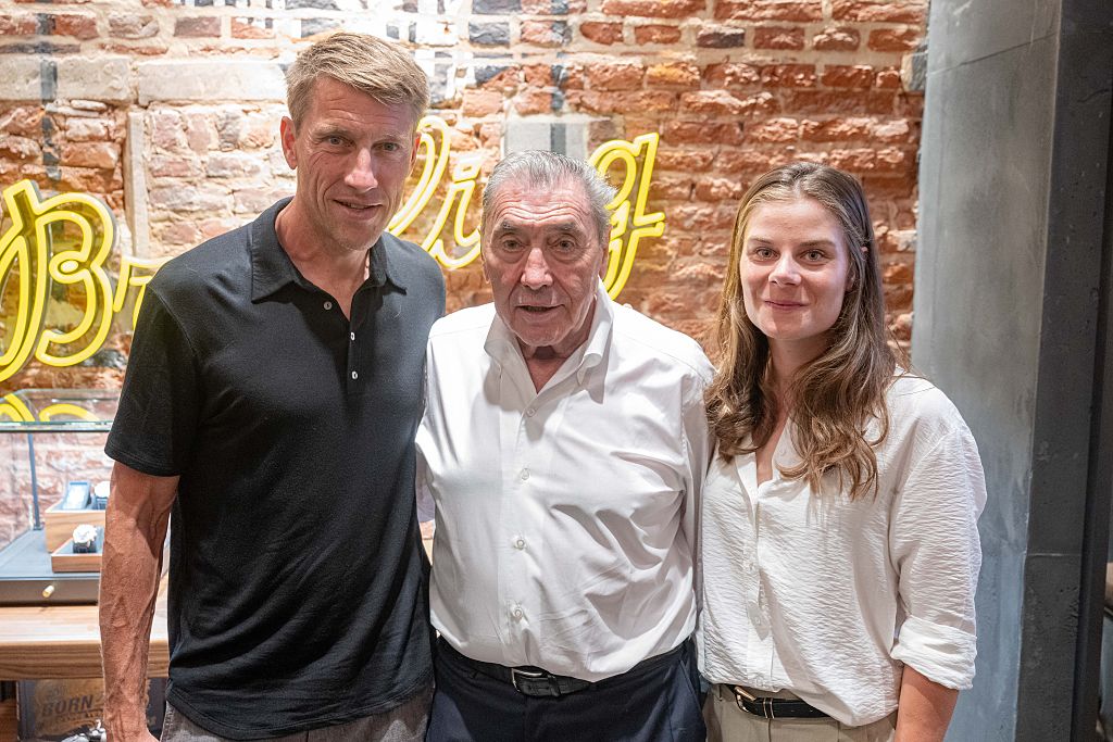 Eddy Merckx with son Axel and daughter-in-law Lotte Kopecky in June 2026