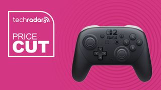 A Nintendo Switch 2 Pro Controller on a pink background. Text reads: techradar Price Cut