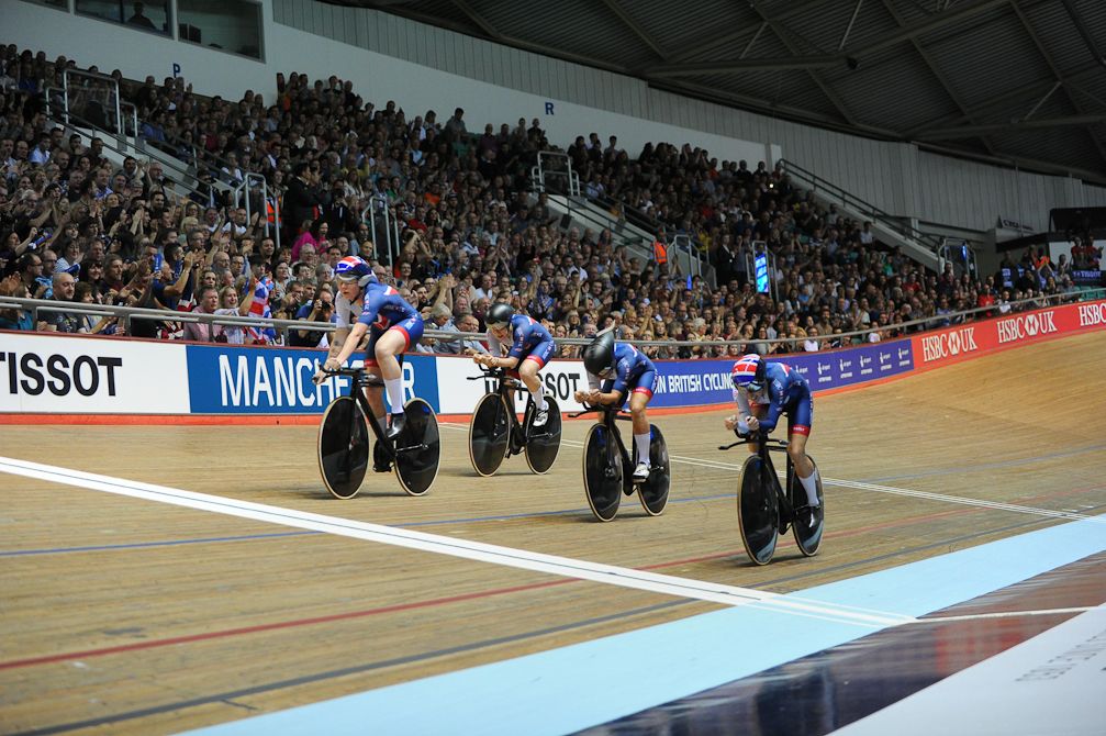 Emily Nelson, Elinor Barker, Neah Evans and Katie Archibald of Great Britain cross the finish line in the Women's Team Pursuit