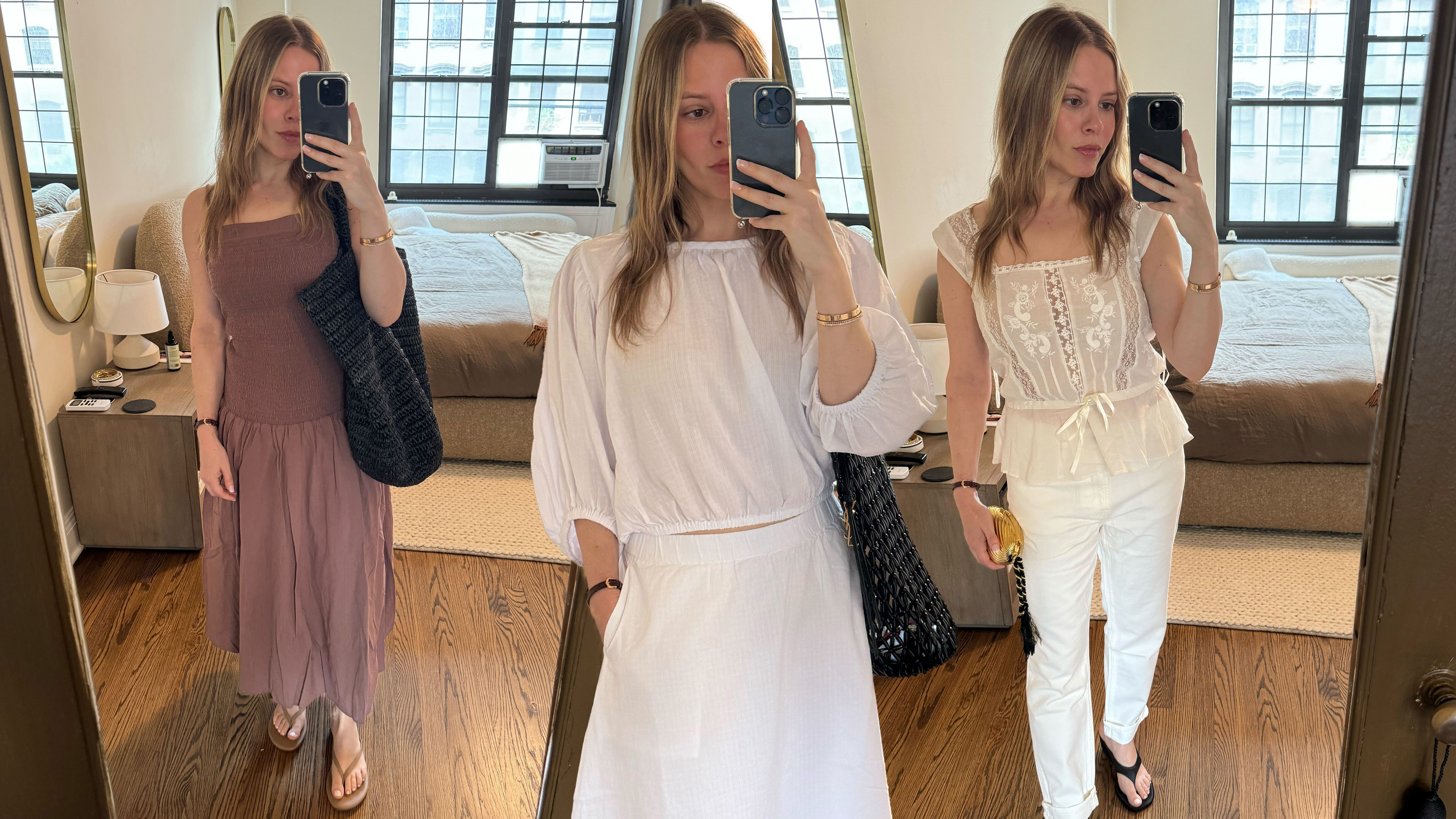 A collage of Nikki wearing three outfits from everlane's new summer collection.