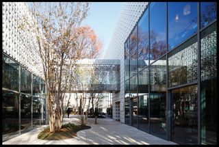 Closer exterior view of Tsutaya Books - glass front buildings with white logo-perforated screen facades and a walkway with multiple trees under a clear blue sky