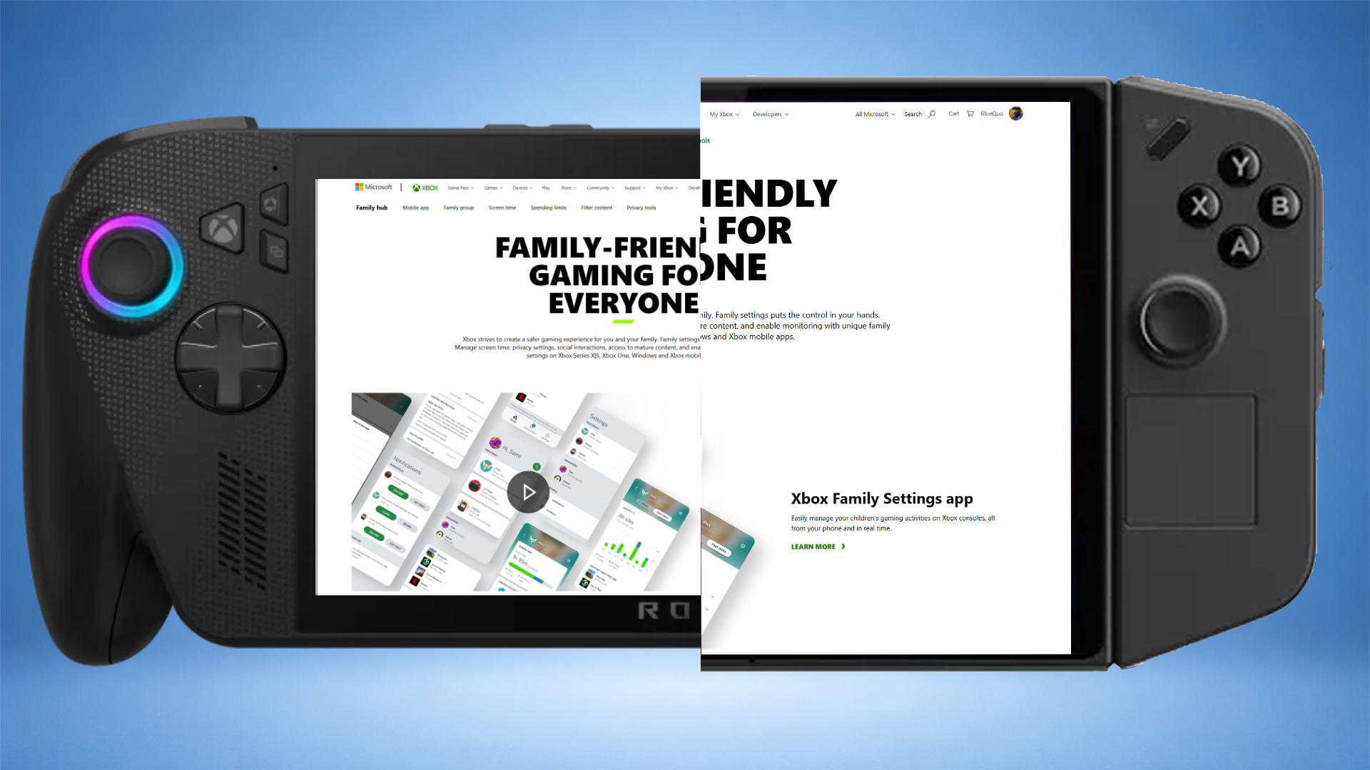 Xbox Ally X and Legion Go 2 with Family settings webpage open