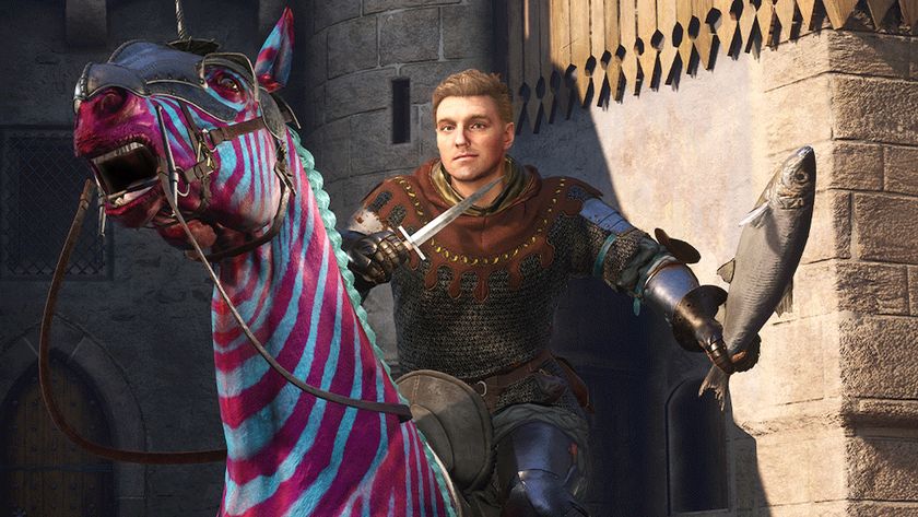 Kingdom Come: Deliverance 2 image - Henry riding a pink and blue striped horse while holding a fish